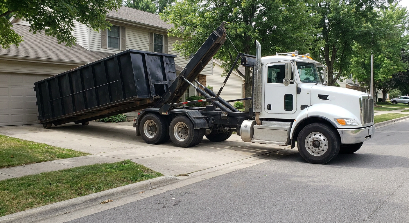 White-cab hooklift roll-off truck actively lowering a matte-black dumpster onto a Omaha residential concrete driveway, the dumpster's rear wheels touching the driveway as the hoist arm tilts the bed forward, mid-morning daylight.